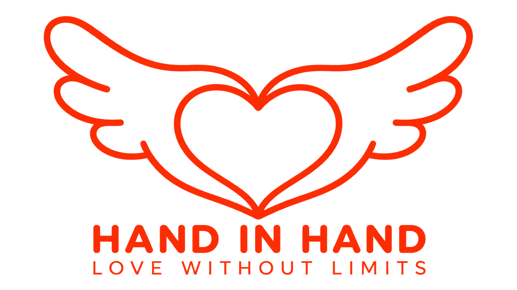 以天使雙翼、相連雙手與愛心構成的手牽手愛無限公益 Logo